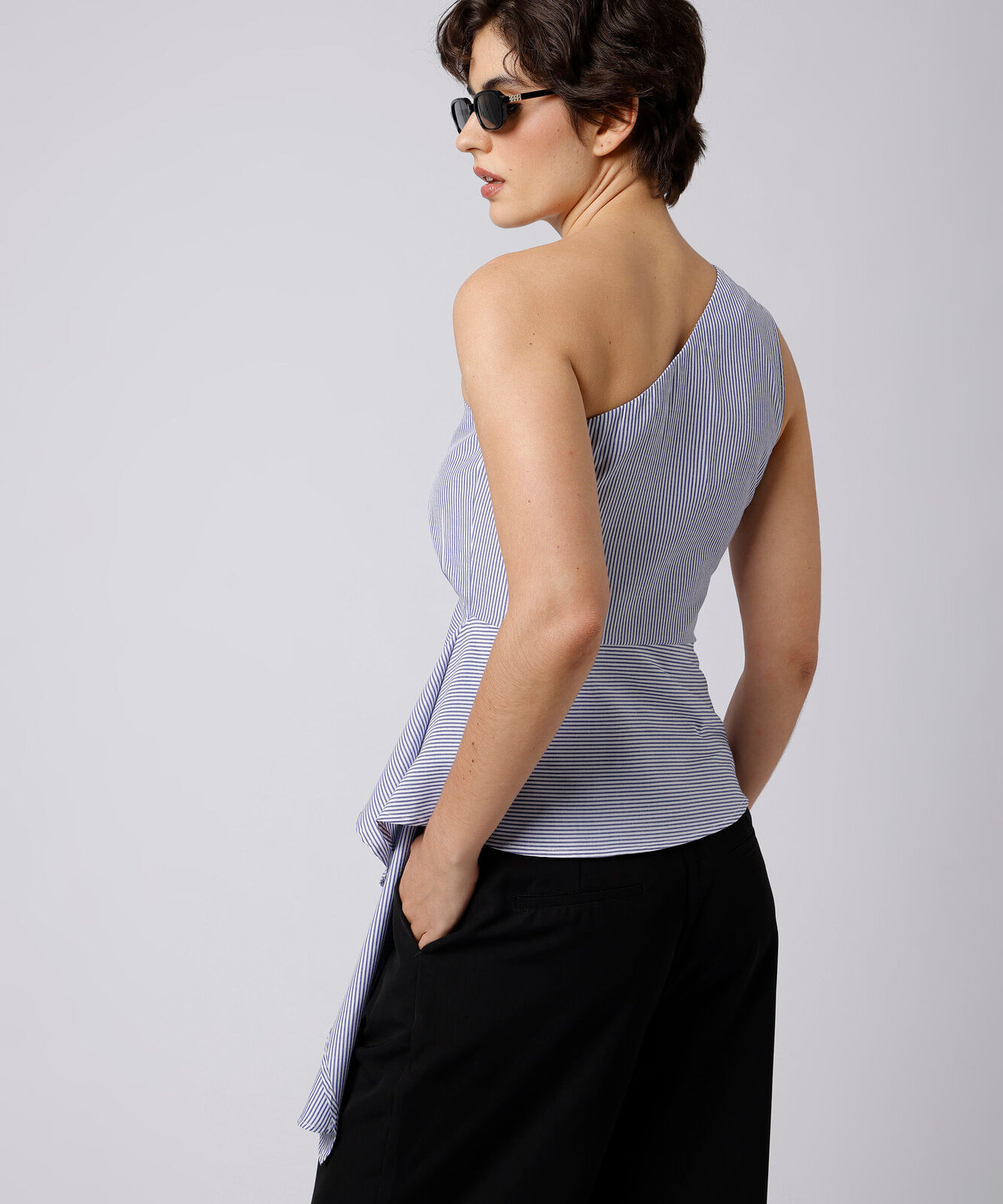 blusa peplum ombro único feminina mindset azul