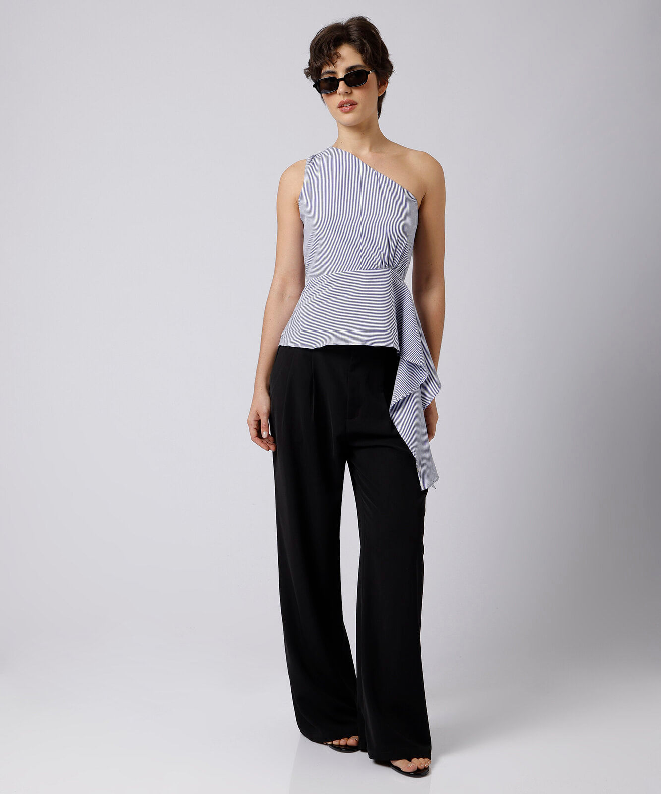blusa peplum ombro único feminina mindset azul