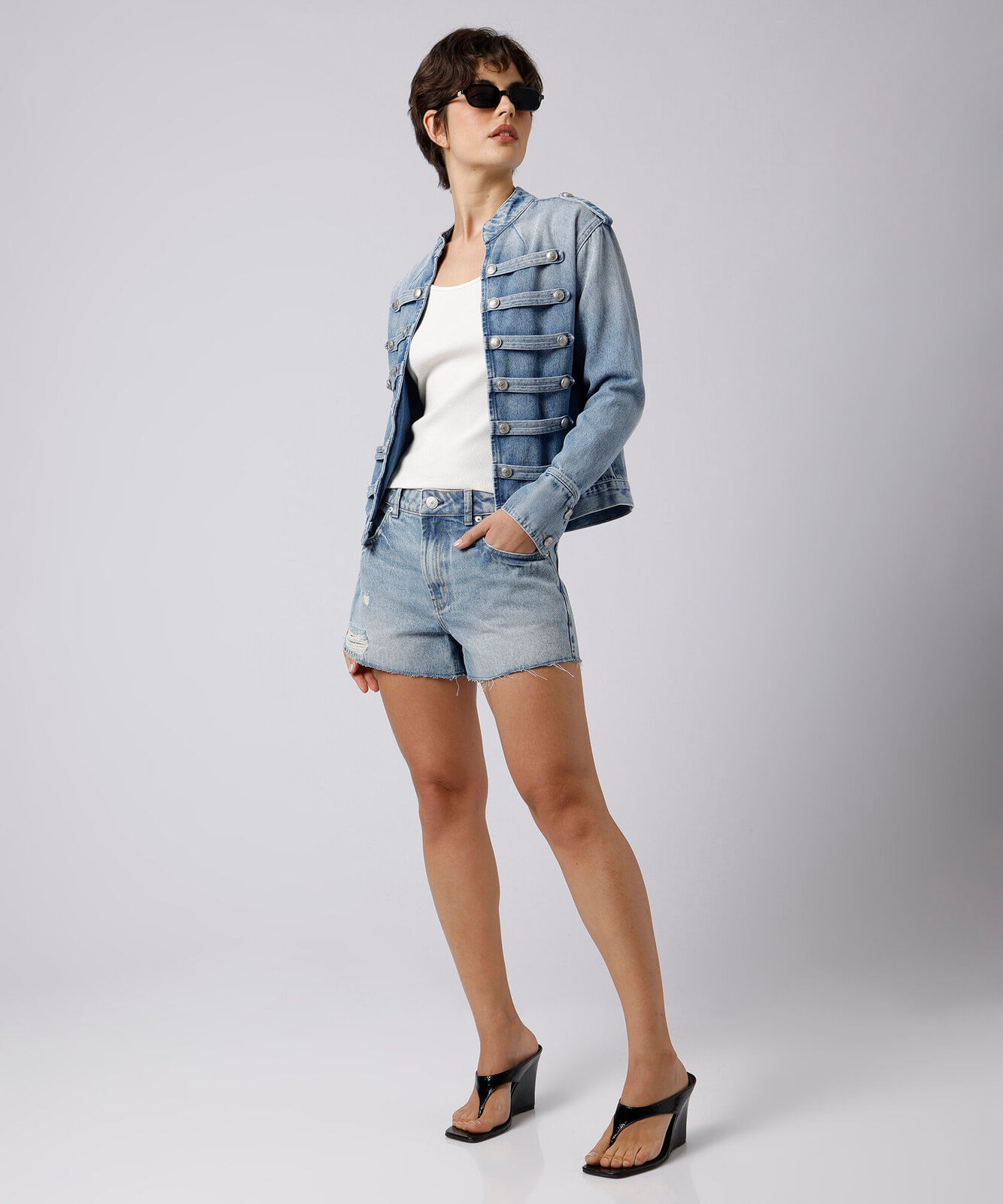 short feminino jeans destroyed mindset azul