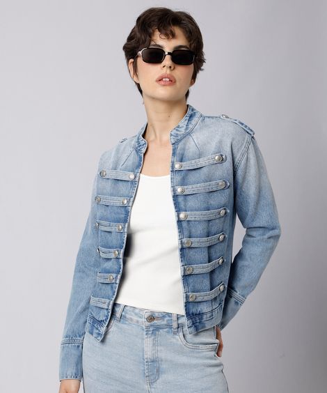 jaqueta militar feminina jeans mindset azul