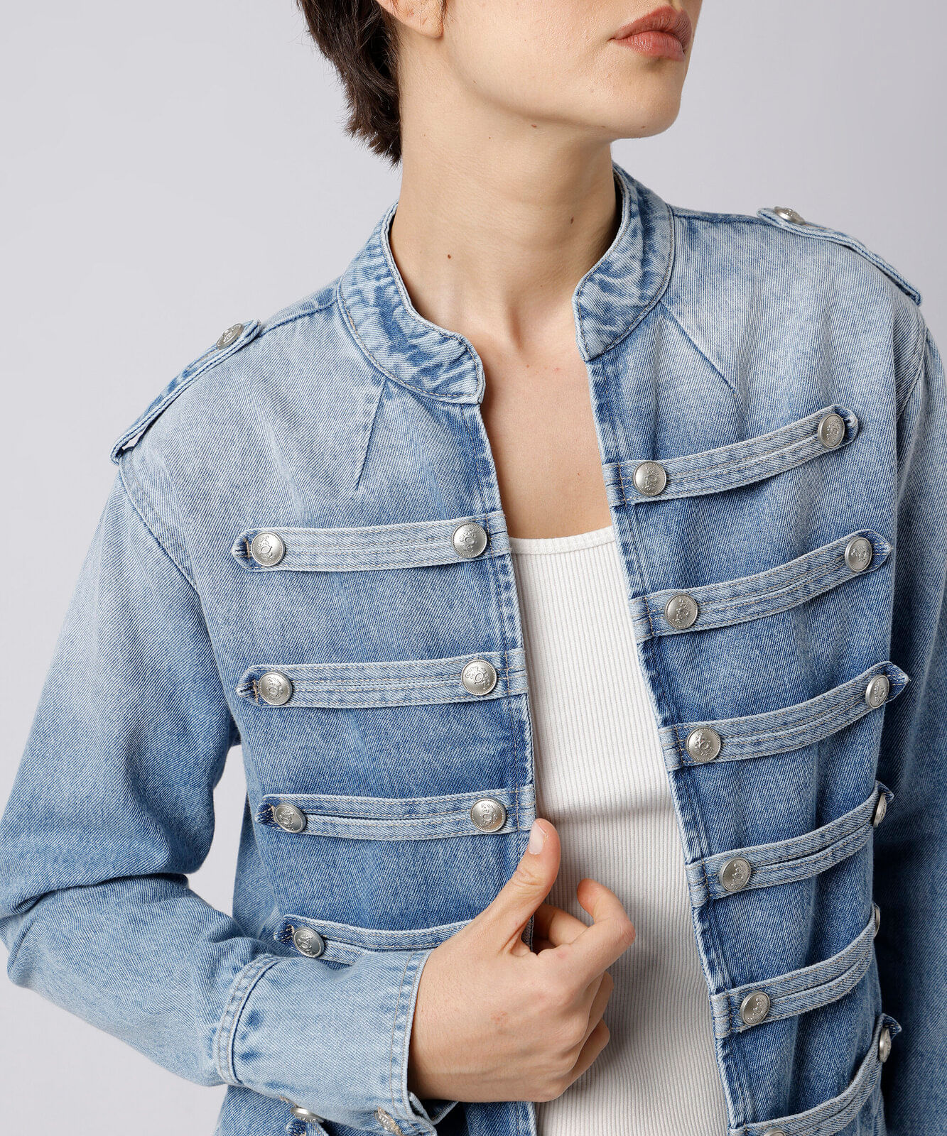 jaqueta militar feminina jeans mindset azul