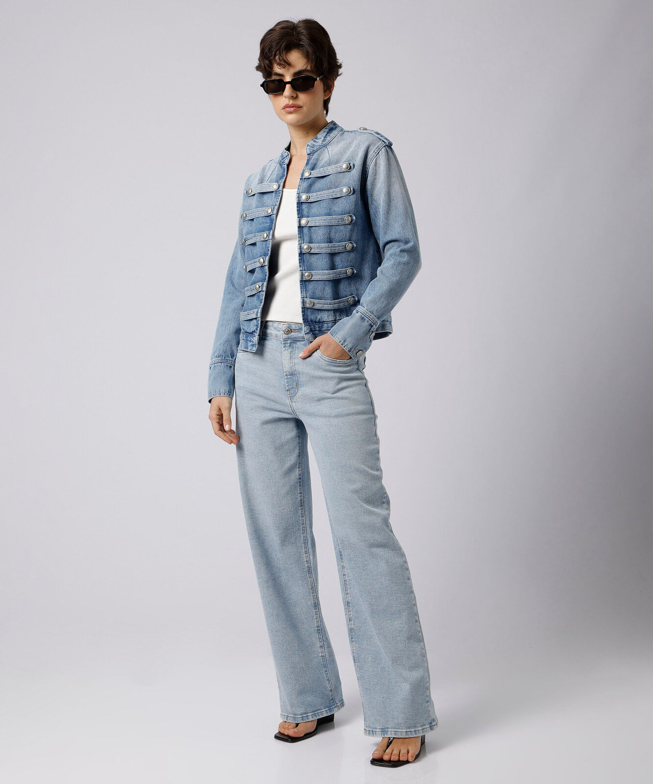 jaqueta militar feminina jeans mindset azul