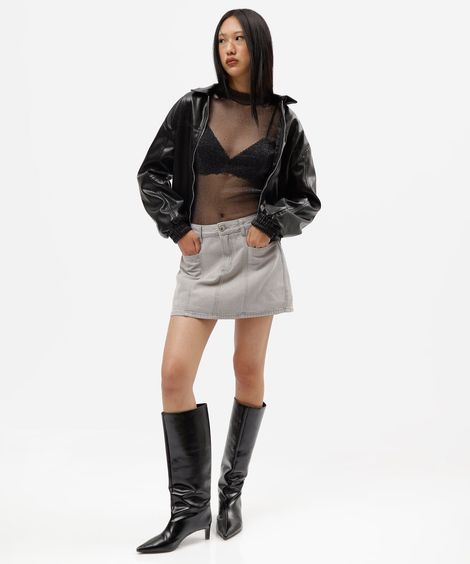blusa feminina de tule gola alta manga longa com lurex preta