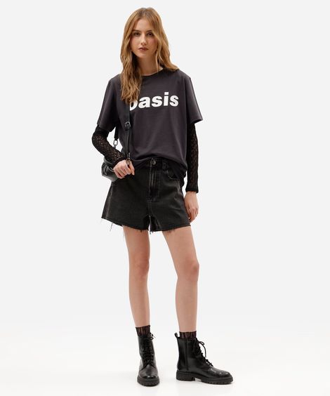 short feminino jeans cintura média preto