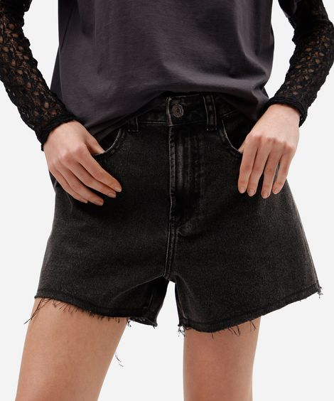 short feminino jeans cintura média preto
