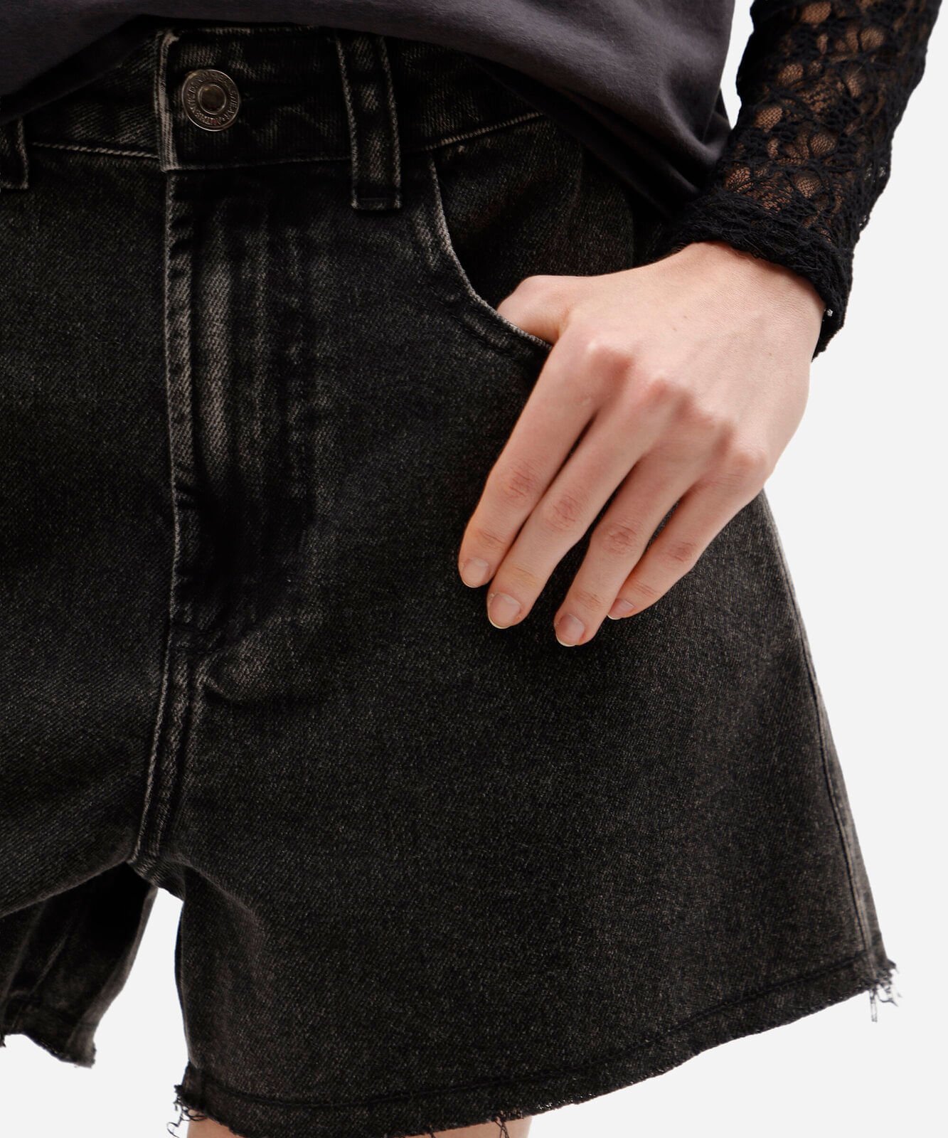 short feminino jeans cintura média preto
