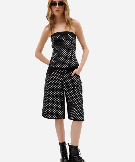 bermuda jorts feminina jeans com tachas cintura baixa preta