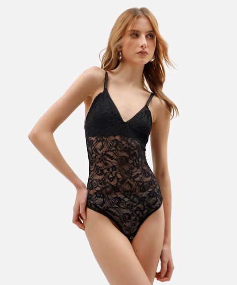 body alça fina feminino de renda floral preto