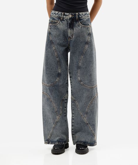 calça wide leg feminina jeans com recortes cintura média azul