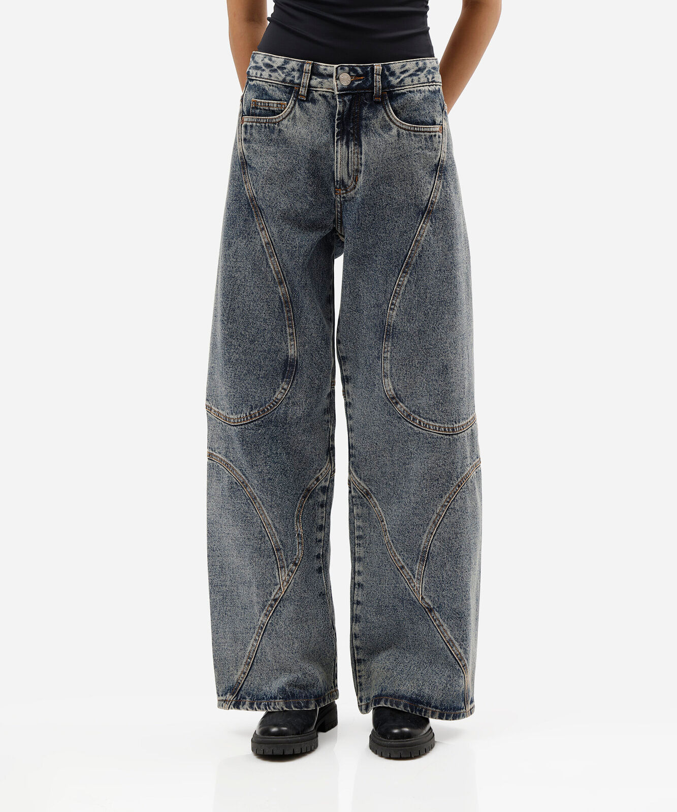 calça wide leg feminina jeans com recortes cintura média azul