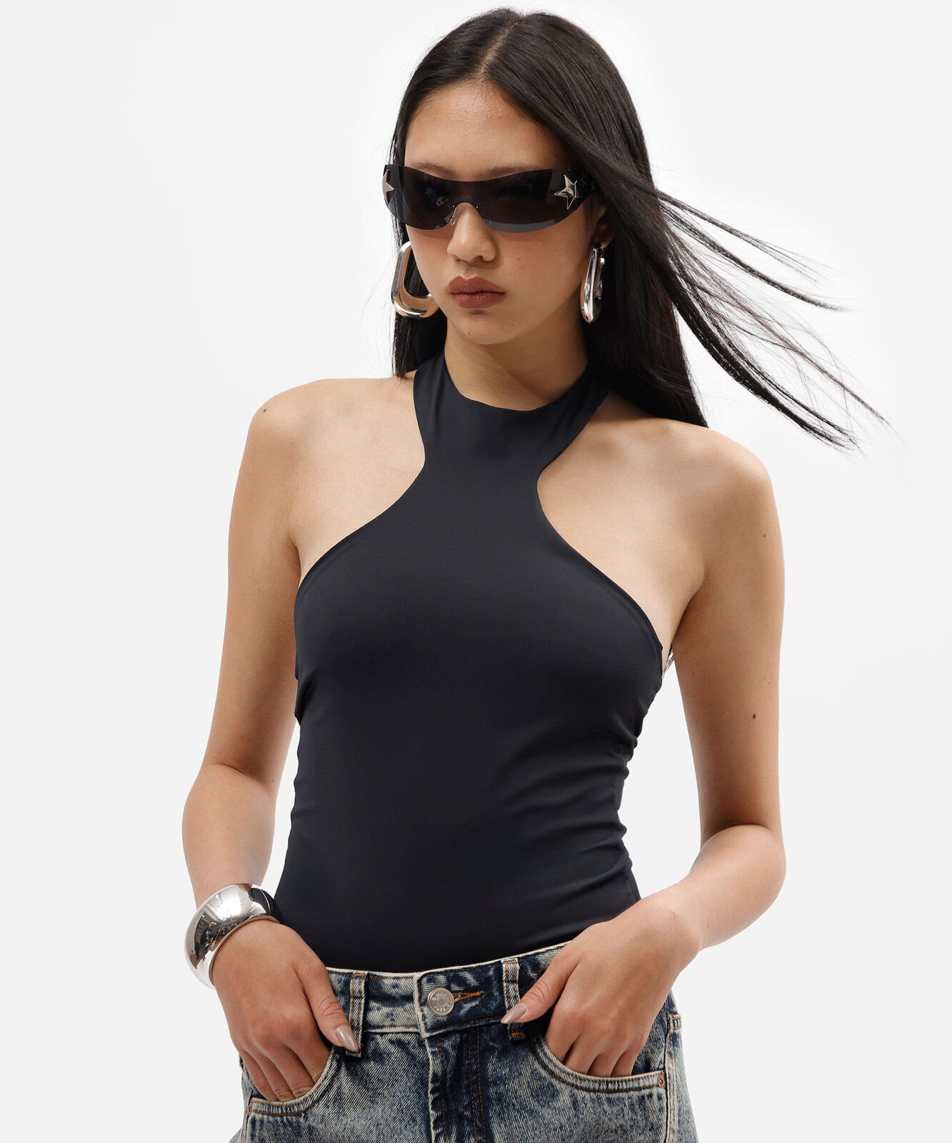 blusa feminina de poliamida halterneck preta