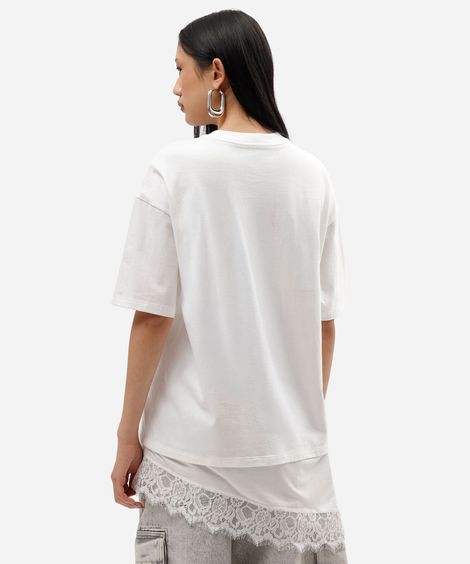 camiseta feminina de algodão manga curta com renda acdc off white
