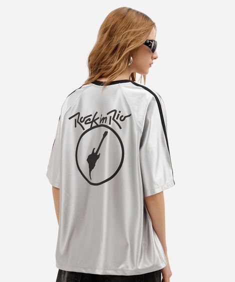 camiseta feminina manga curta rock in rio prateada
