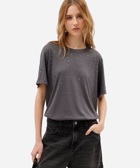 camiseta feminina com viscose e brilhos manga curta cinza