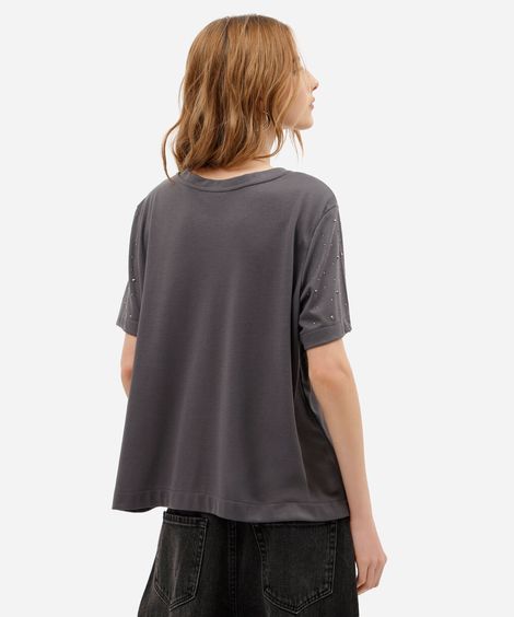 camiseta feminina com viscose e brilhos manga curta cinza