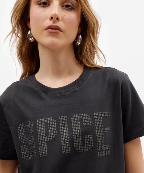 camiseta feminina de algodão manga curta com brilhos spice girls cinza