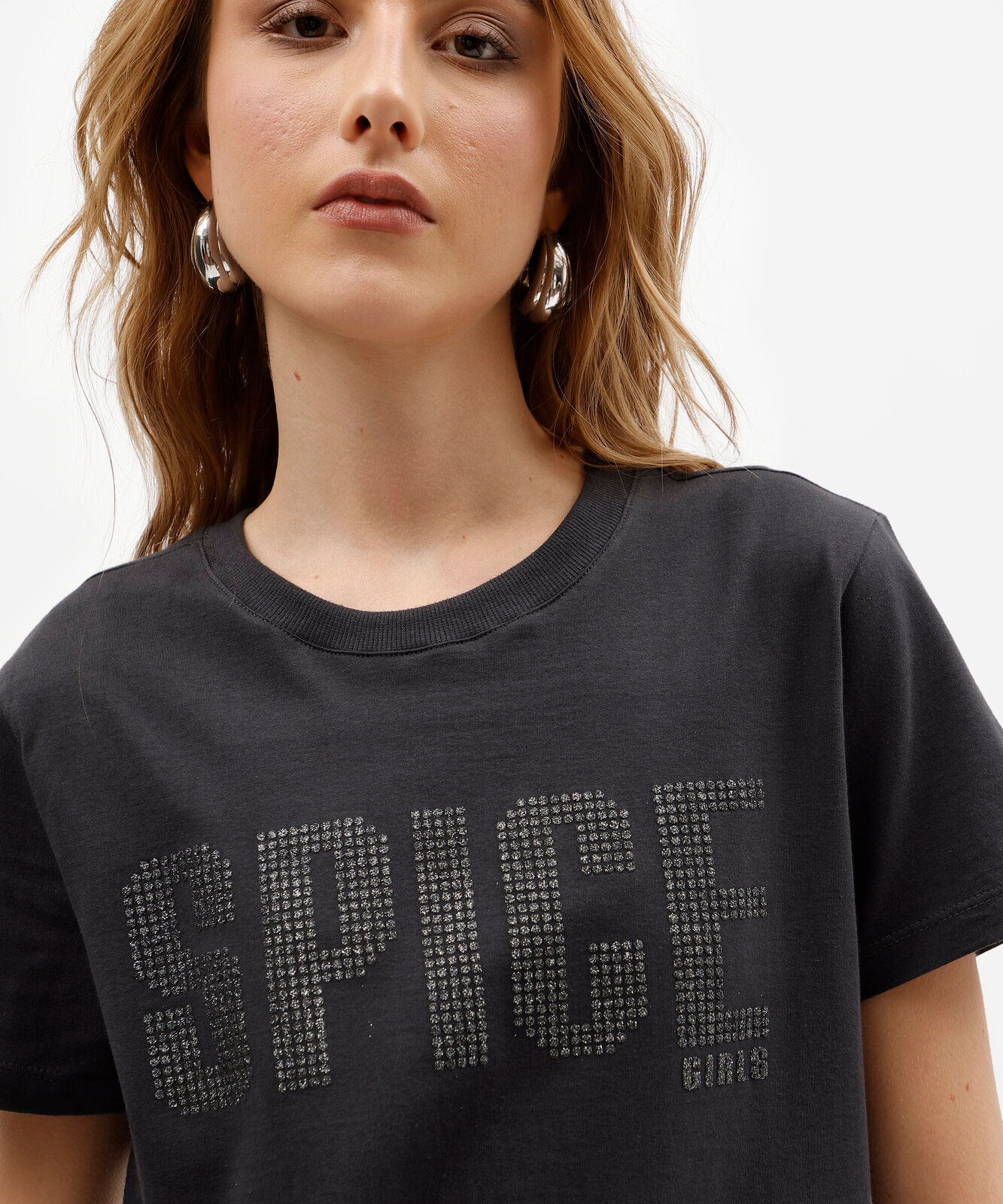 camiseta feminina de algodão manga curta com brilhos spice girls cinza