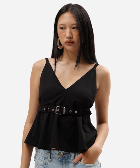 regata peplum alça fina feminina decote v com cinto preta