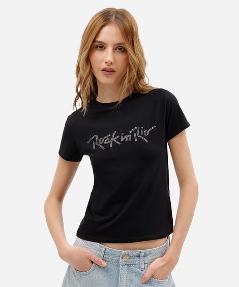 camiseta baby look feminina de algodão com brilhos rock in rio preta