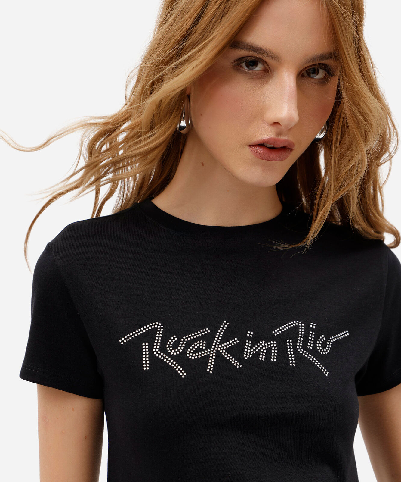 camiseta baby look feminina de algodão com brilhos rock in rio preta