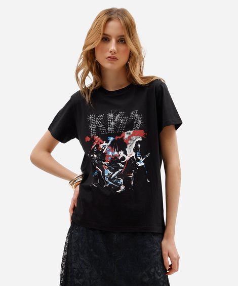 camiseta feminina de algodão manga curta com brilhos kiss preta