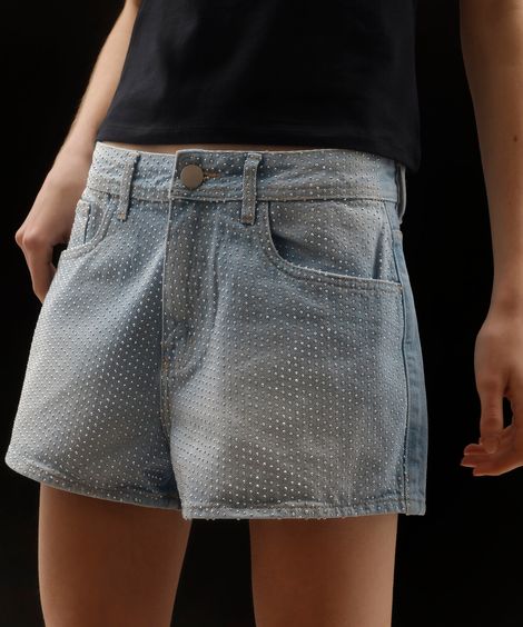 short boyfriend feminino jeans cintura média com brilhos azul