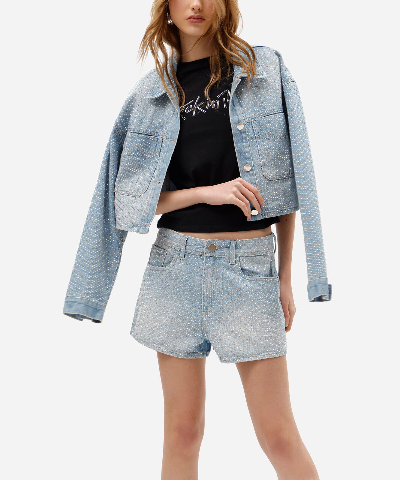 short boyfriend feminino jeans cintura média com brilhos azul