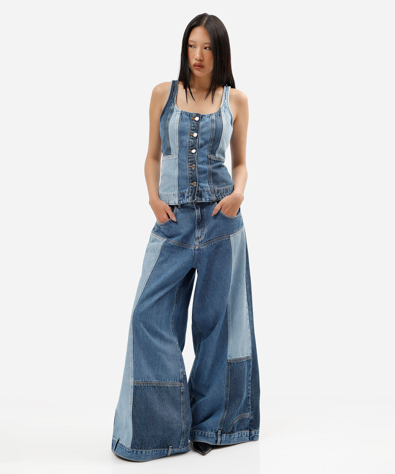 calça super wide leg feminina jeans patchwork cintura média azul