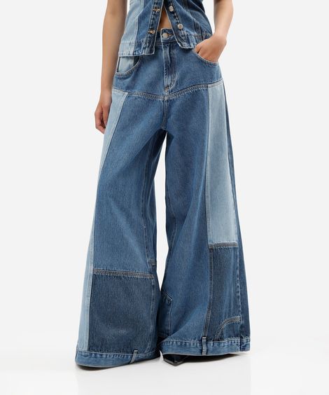 calça super wide leg feminina jeans patchwork cintura média azul