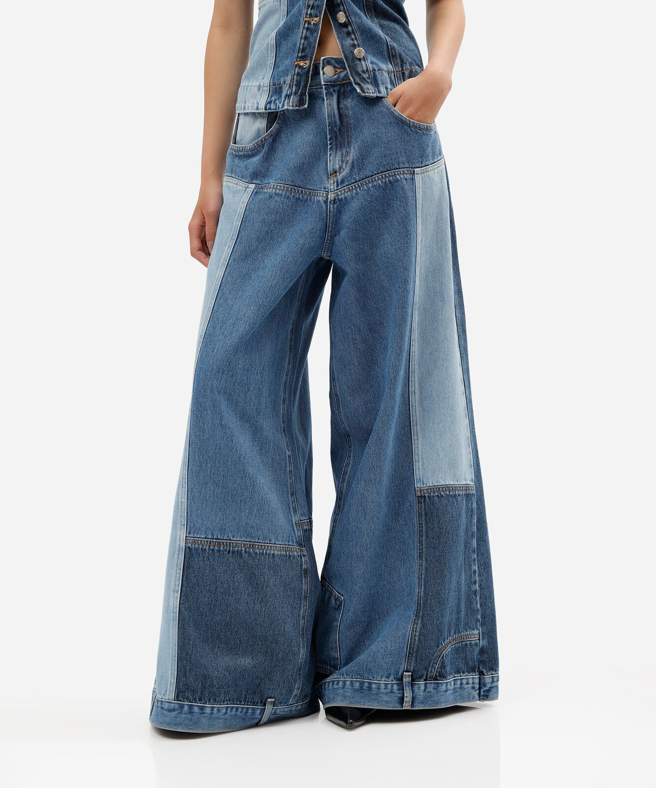 calça super wide leg feminina jeans patchwork cintura média azul