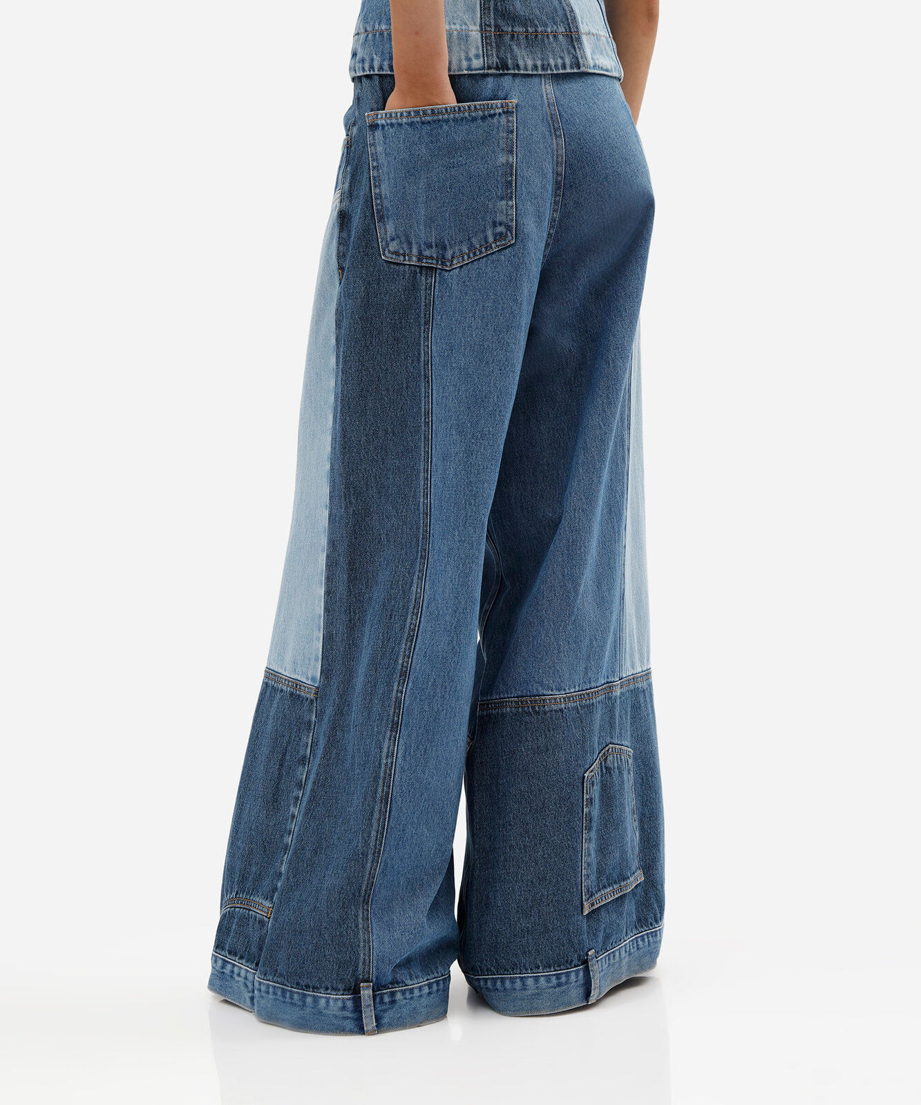 calça super wide leg feminina jeans patchwork cintura média azul