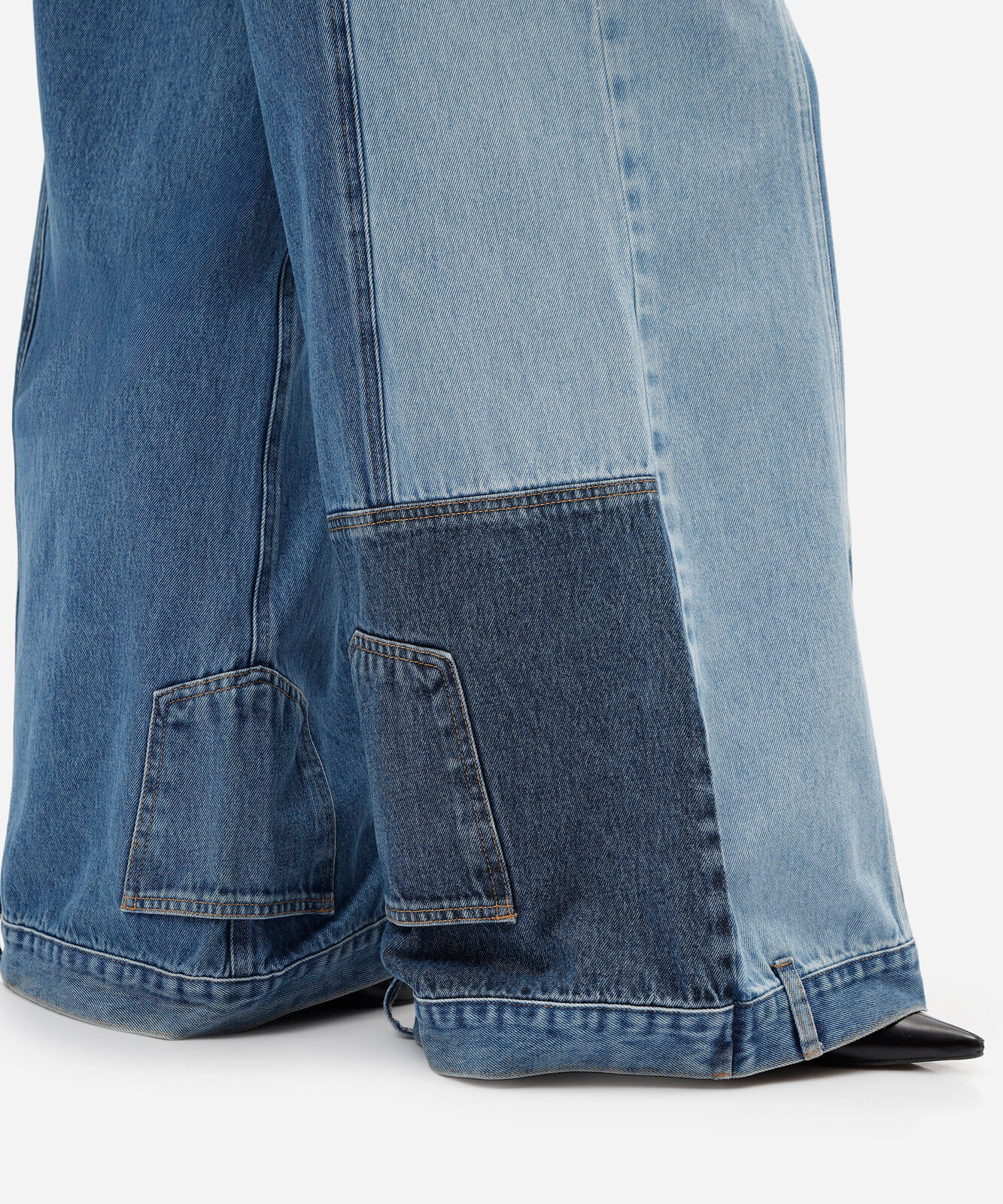 calça super wide leg feminina jeans patchwork cintura média azul