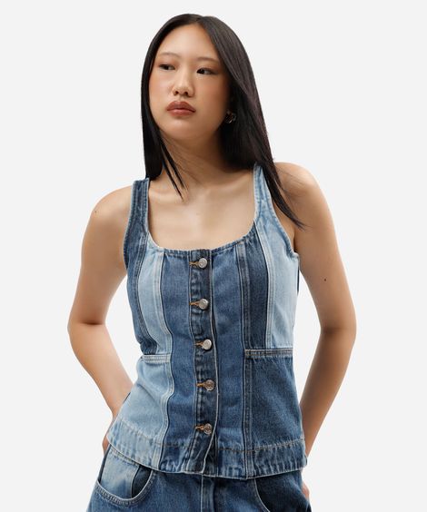 colete feminino jeans patchwork azul
