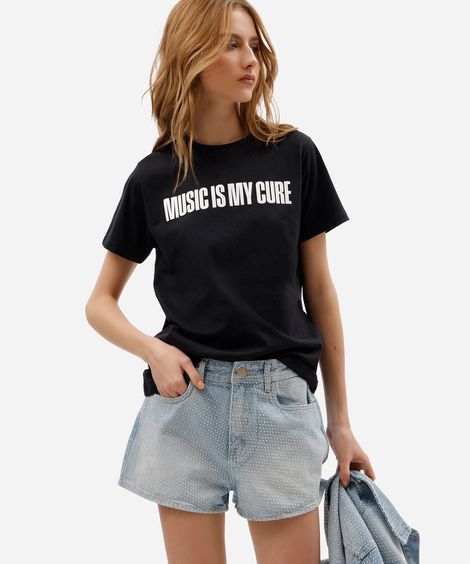 camiseta feminina de algodão manga curta estampada preta