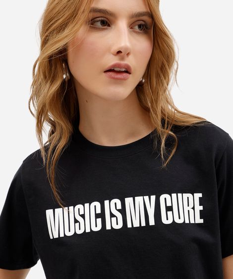 camiseta feminina de algodão manga curta estampada preta