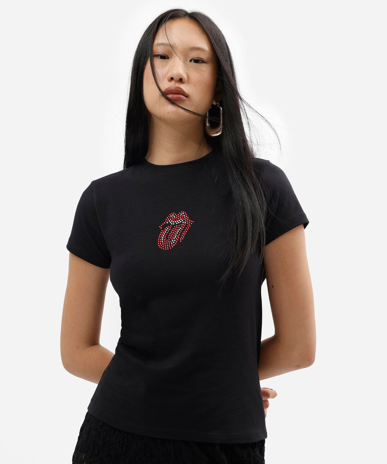 camiseta baby look feminina de algodão manga curta the rolling stones preta