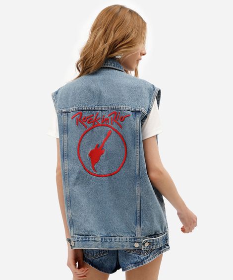 colete oversized feminino jeans bordado rock in rio azul