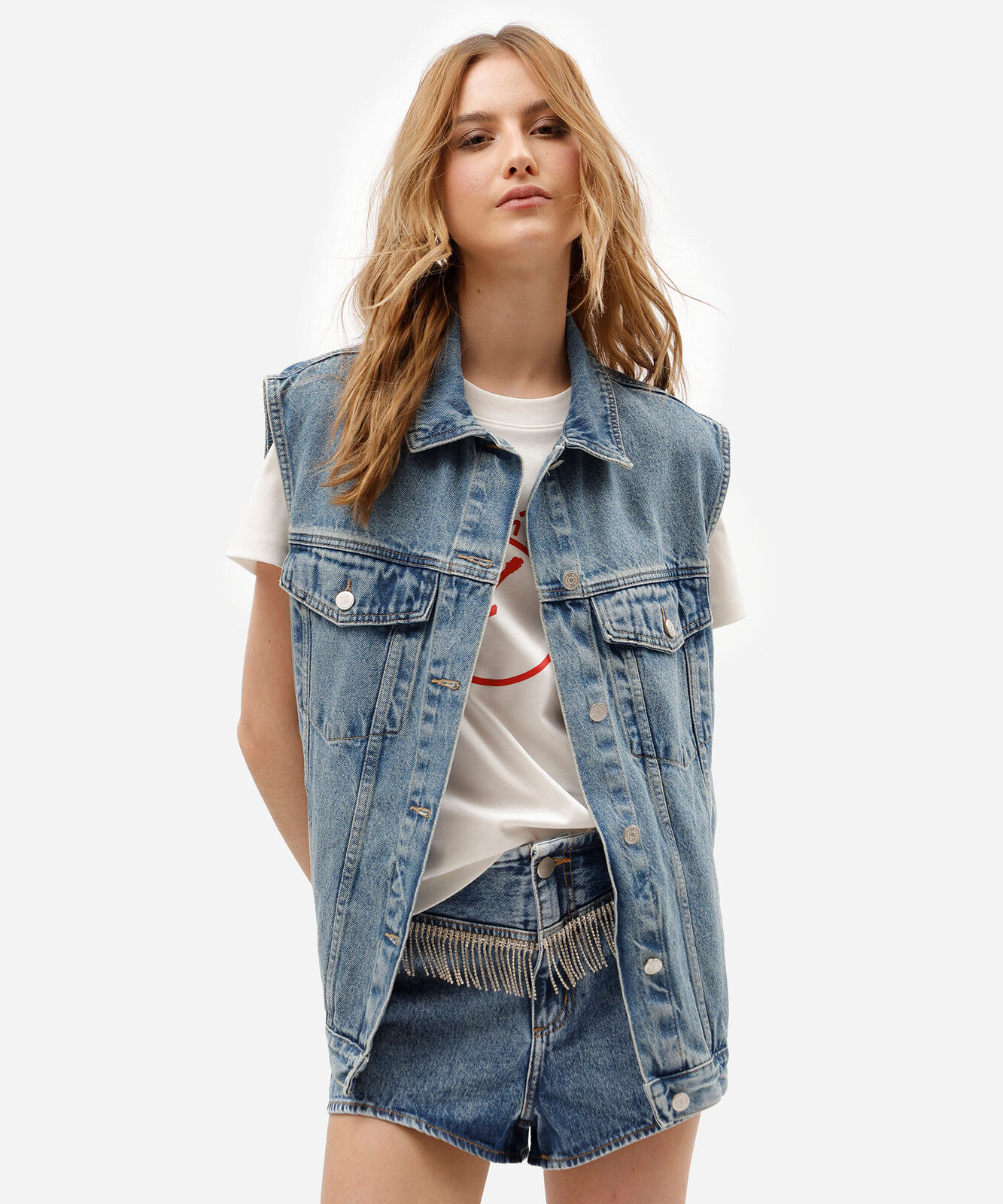 colete oversized feminino jeans bordado rock in rio azul