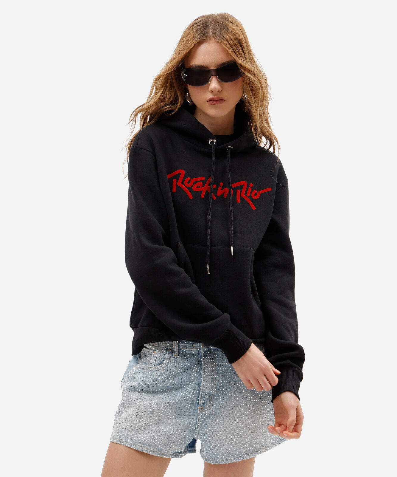 blusão feminino de moletom com capuz rock in rio preto