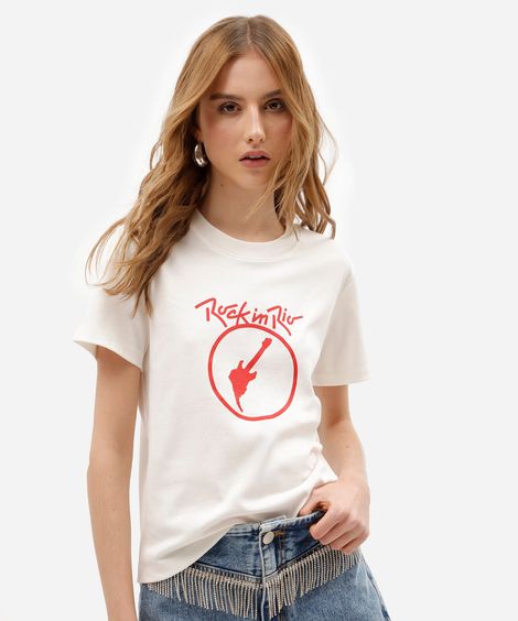 camiseta slim fit feminina de algodão peruano manga curta rock in rio off white
