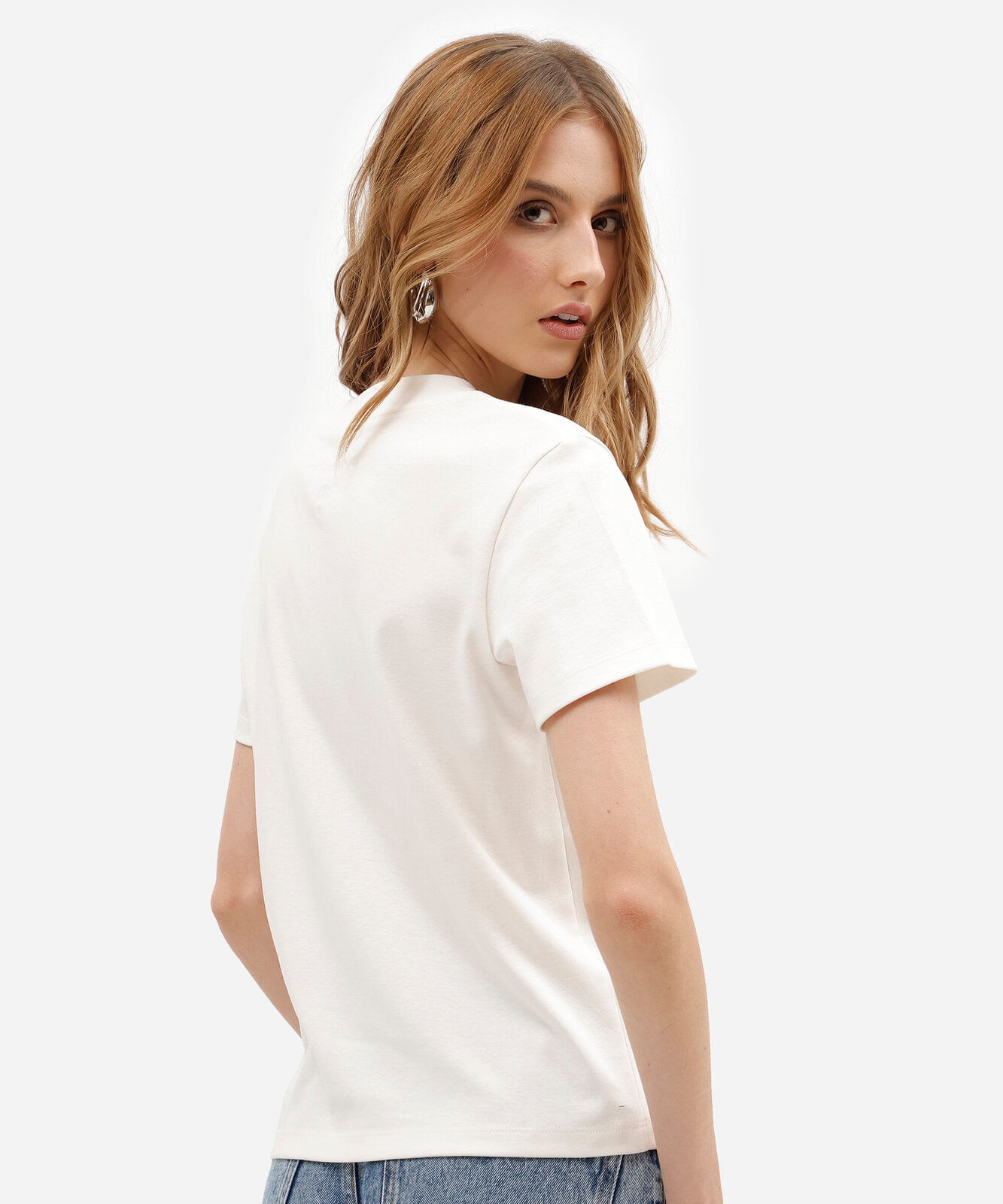 camiseta slim fit feminina de algodão peruano manga curta rock in rio off white