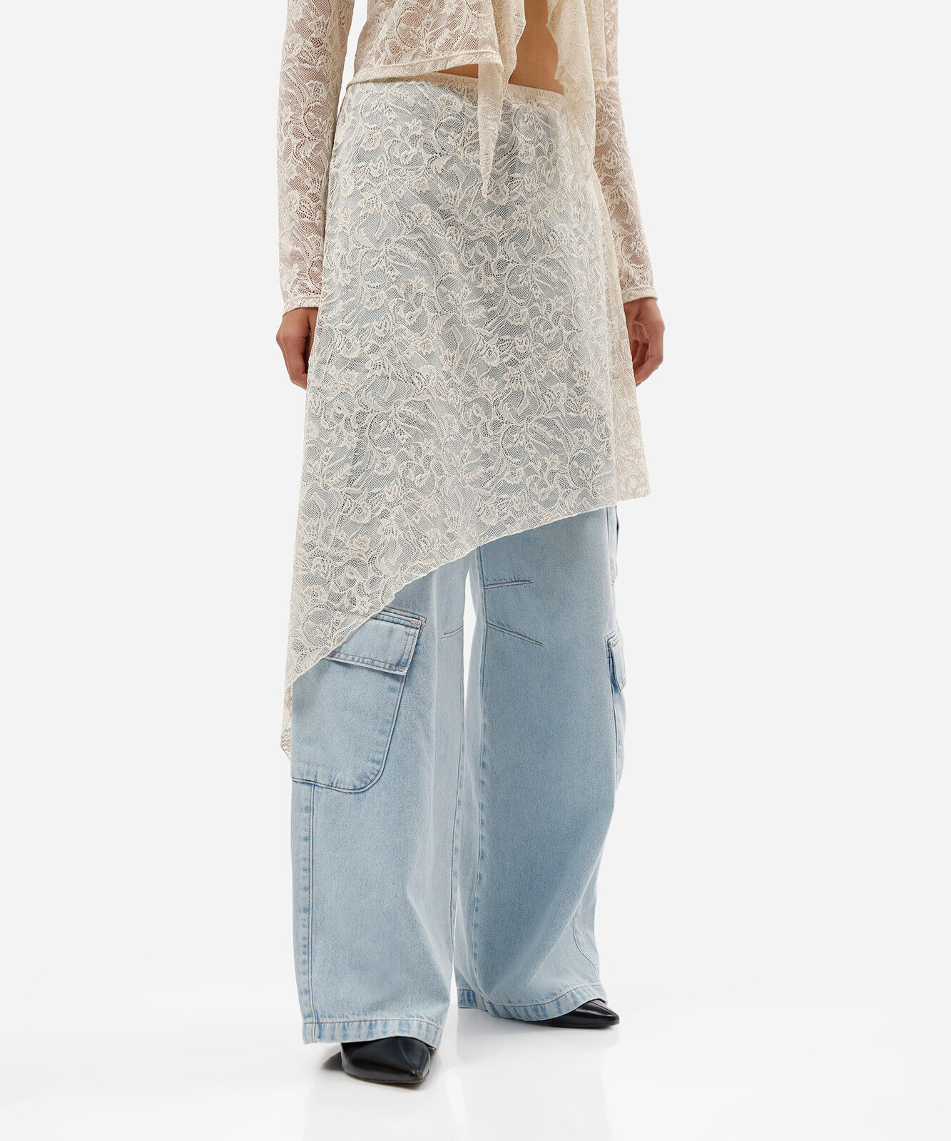saia anágua feminina de renda assimétrica floral off white