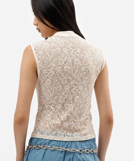 regata feminina de renda com gola mandarim floral bege