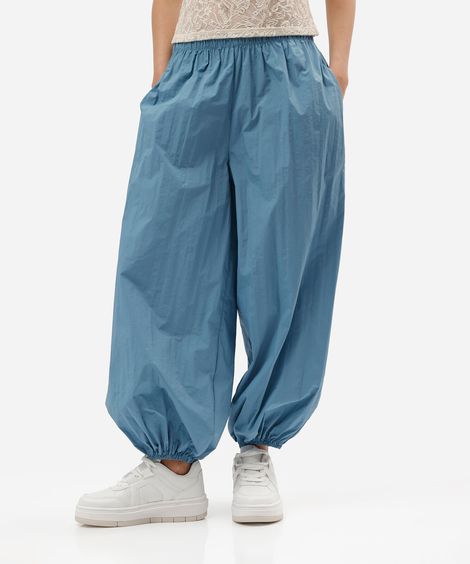 calça balloon feminina de poliamida cós elástico azul