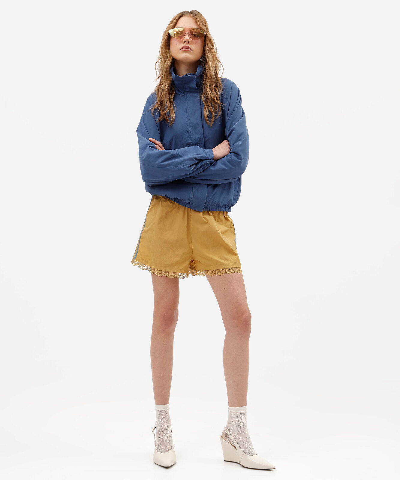 jaqueta bomber feminina gola funnel neck com bolsos azul