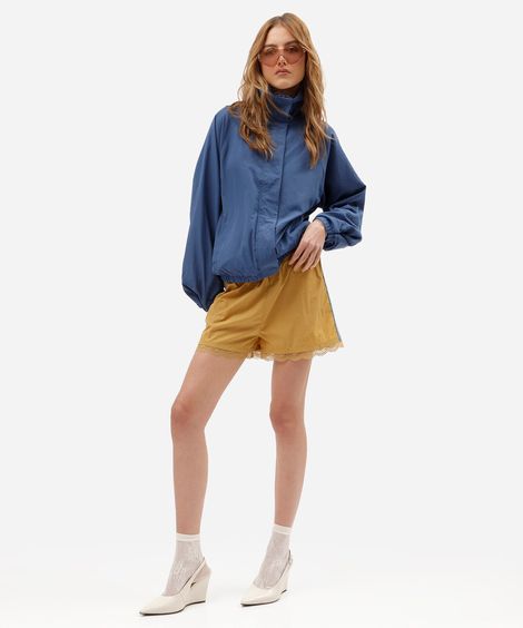 short feminino de poliamida com renda cós elástico amarelo