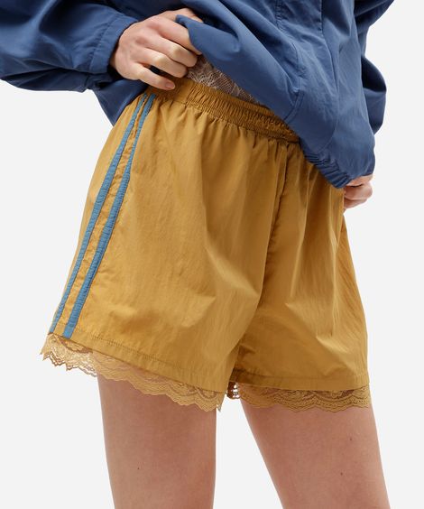 short feminino de poliamida com renda cós elástico amarelo