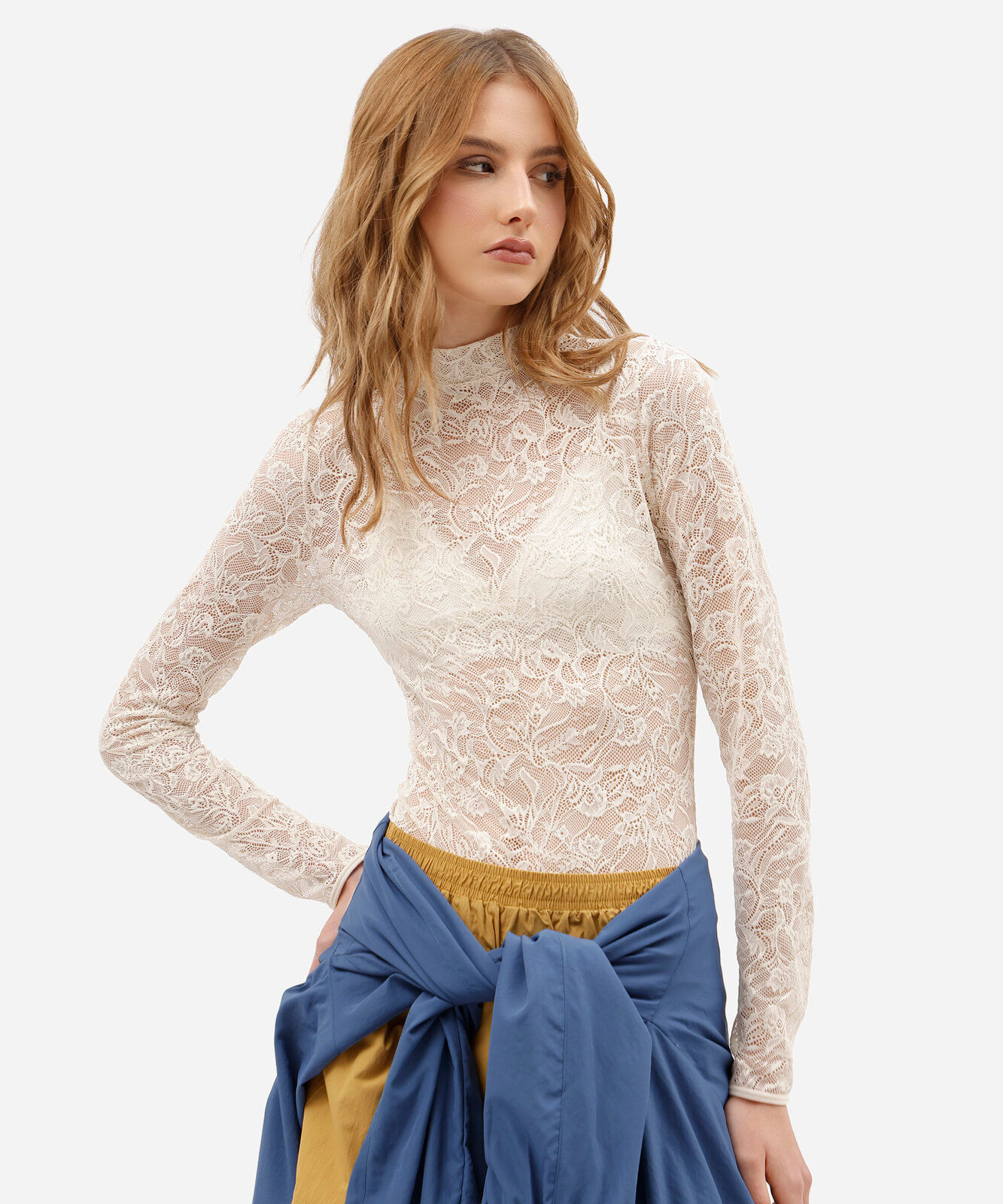 body feminino de renda gola alta manga longa floral off white