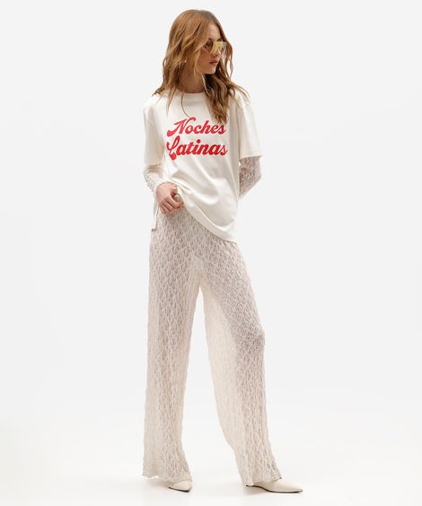 calça pantalona feminina de renda floral off white