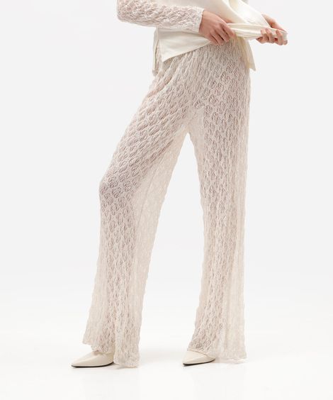 calça pantalona feminina de renda floral off white
